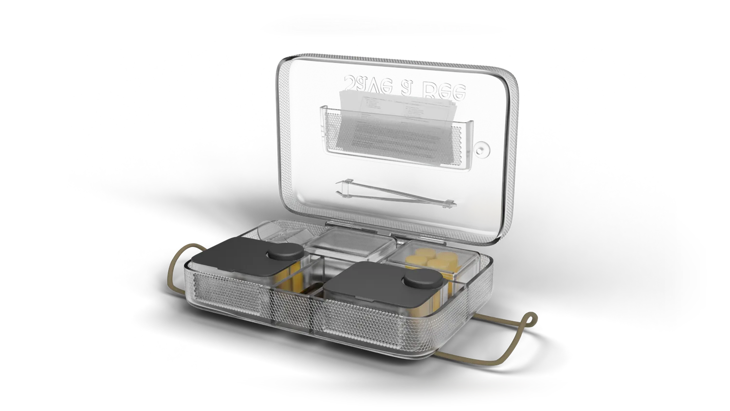The Save a Bee rescue kit, open — pods, dropper and tools inside the frosted shell