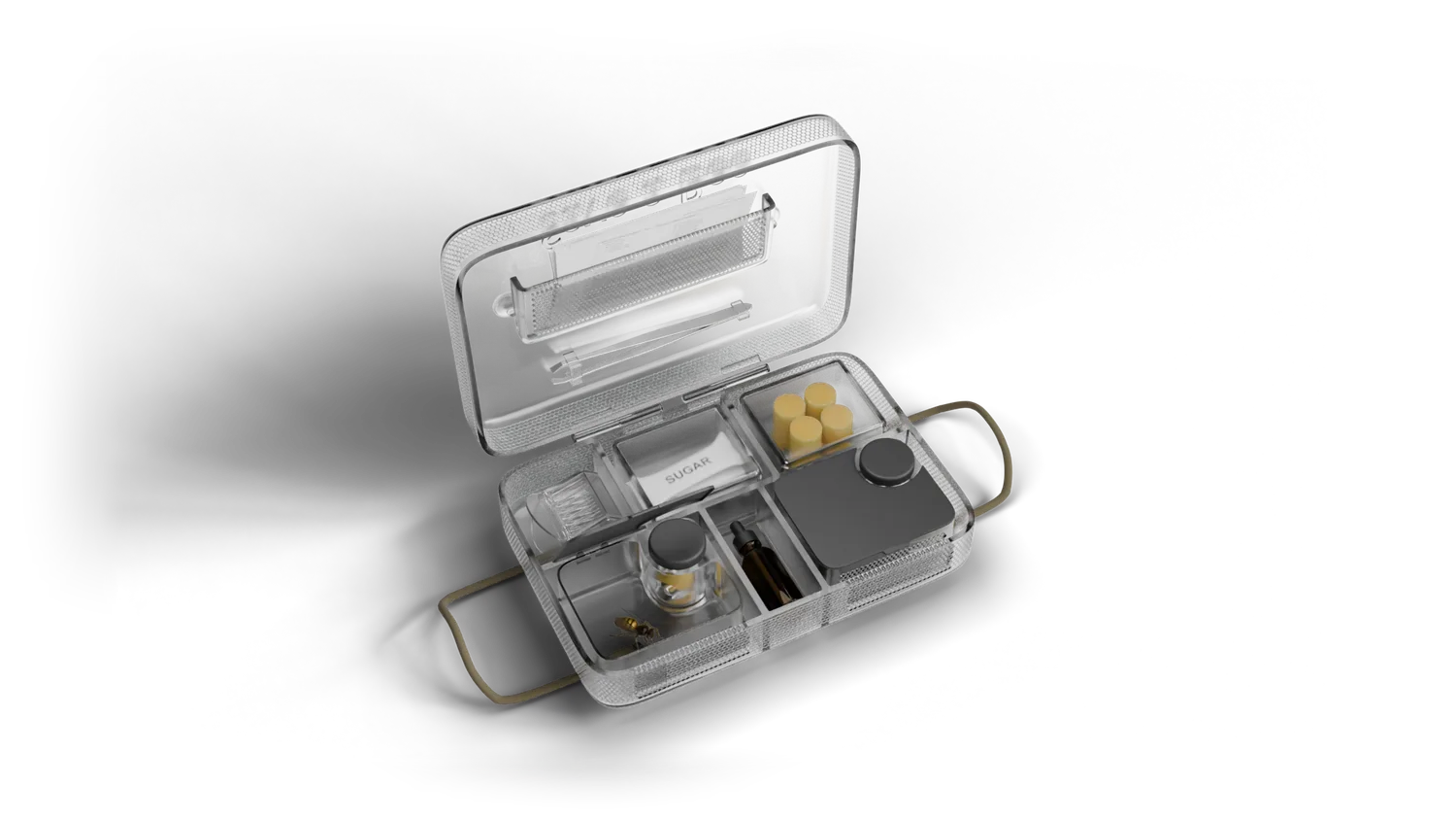 Inside the open Save a Bee kit — a rescued bee resting in the shaded pod with its dark cover lifted, the amber bee-water dropper in the centre channel beside it